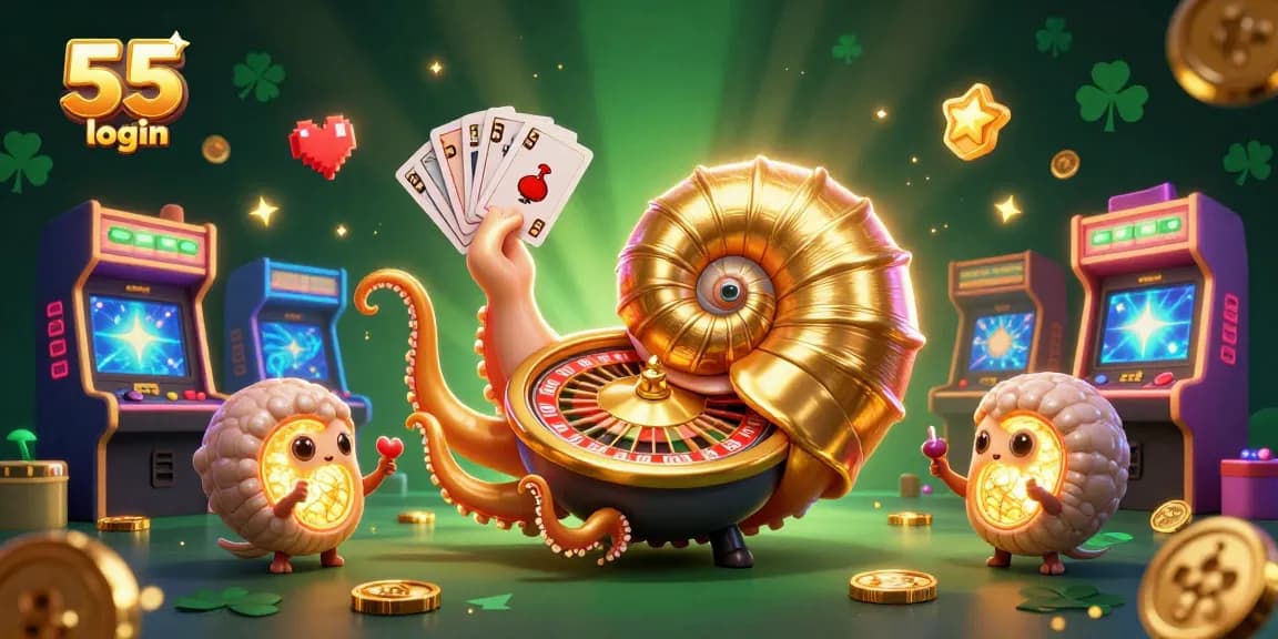 Experience the thrill of 55 club login with our vibrant casino-themed illustration featuring a giant nautilus roulette wheel.