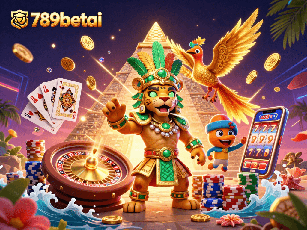 Engage with exciting casino elements at 789betai, featuring a vibrant scene with dynamic characters and games.