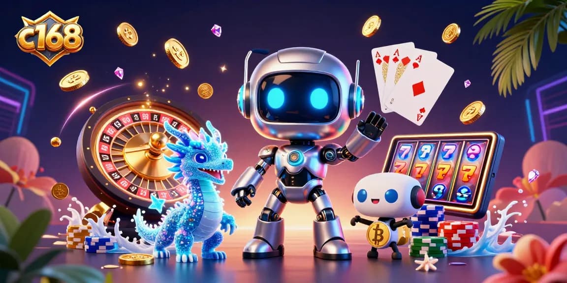Spin and win at c168 casino with a vibrant 3D scene featuring a cyberpunk mascot and dynamic gaming elements.
