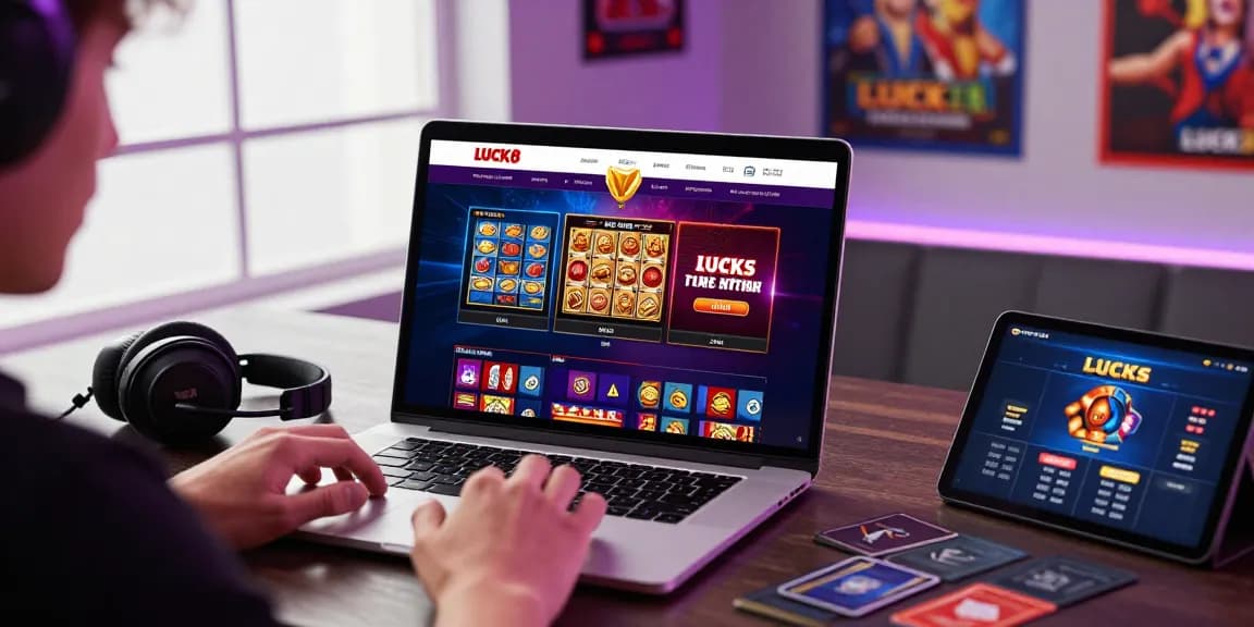 LUCK8 online gambling platform with user-friendly interface showcasing various games in a vibrant gaming room setting.