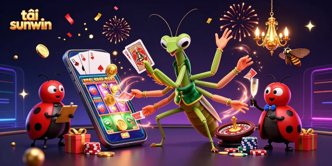 Play and win big with tải sunwin in this vibrant casino scene featuring a giant mantis and ladybug pit boss.