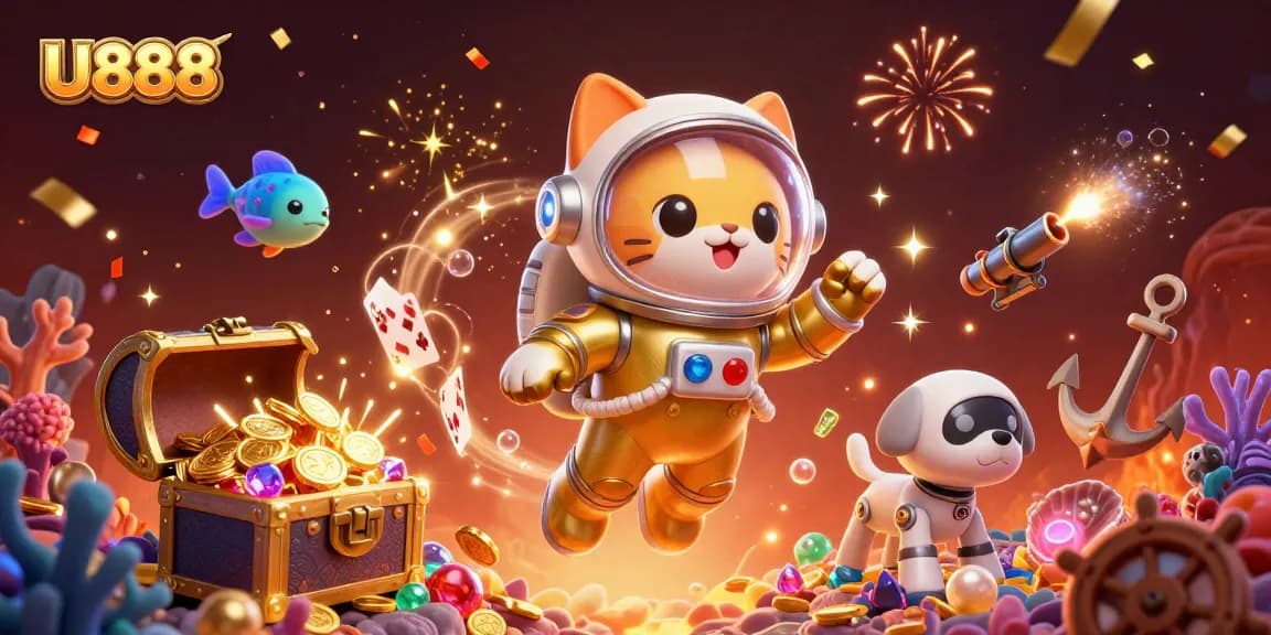 U888 players celebrating wins in a rich, festive casino scene with vibrant game elements.