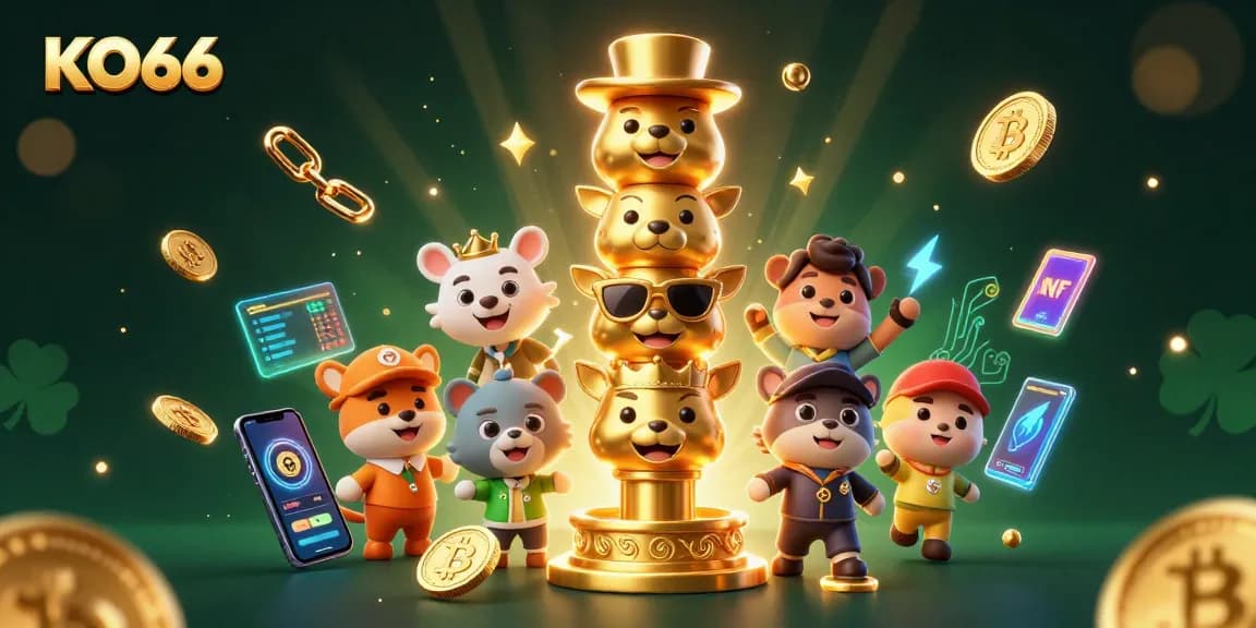 Experience the excitement of KO66 with a vibrant 3D casino illustration showcasing animated characters and casino games.