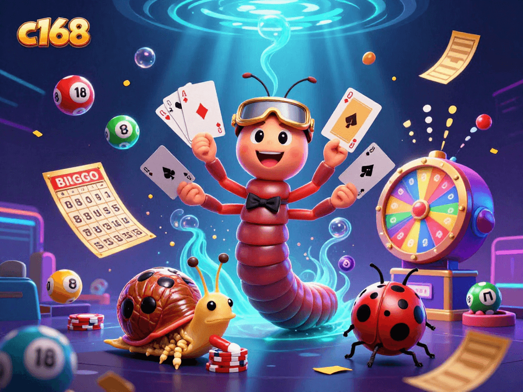 C168 casino illustration with a millipede dealer and vibrant lottery elements, showcasing thrilling gaming action.