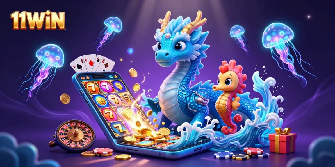 Experience the vibrant 11WIN casino magic with a dynamic water dragon and gaming elements.