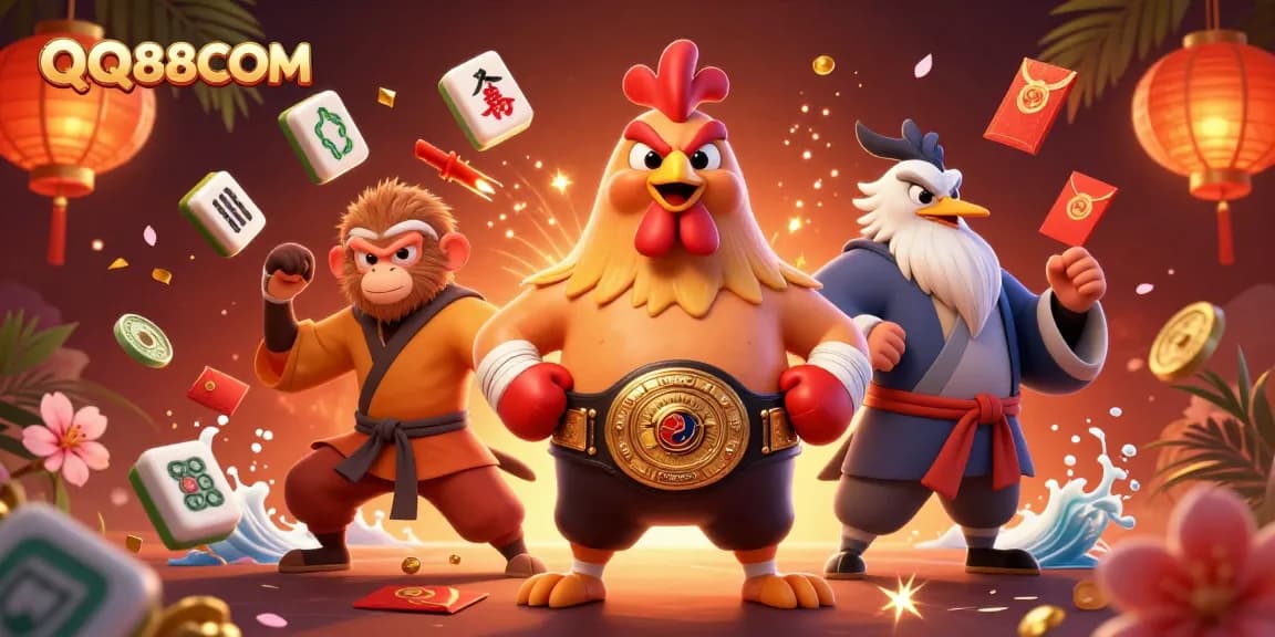 Experience the excitement of QQ88COM with a vibrant 3D illustration featuring dynamic casino characters and elements.