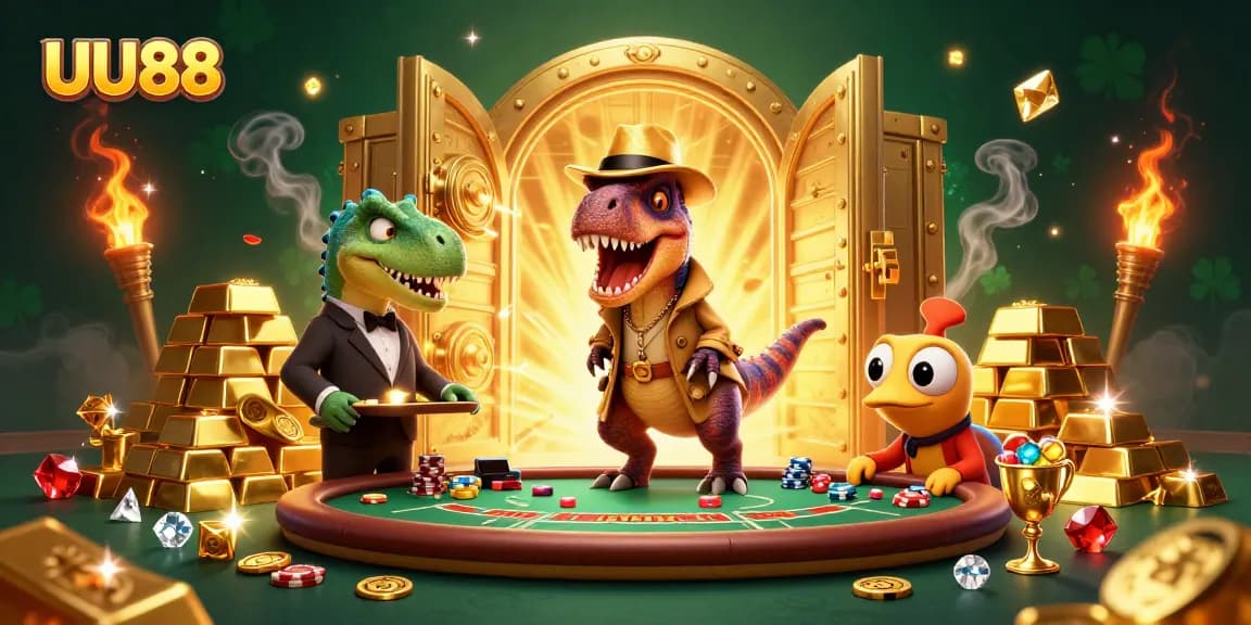 UU88 velociraptor card counter at blackjack table surrounded by gems and gold in a vibrant casino scene.