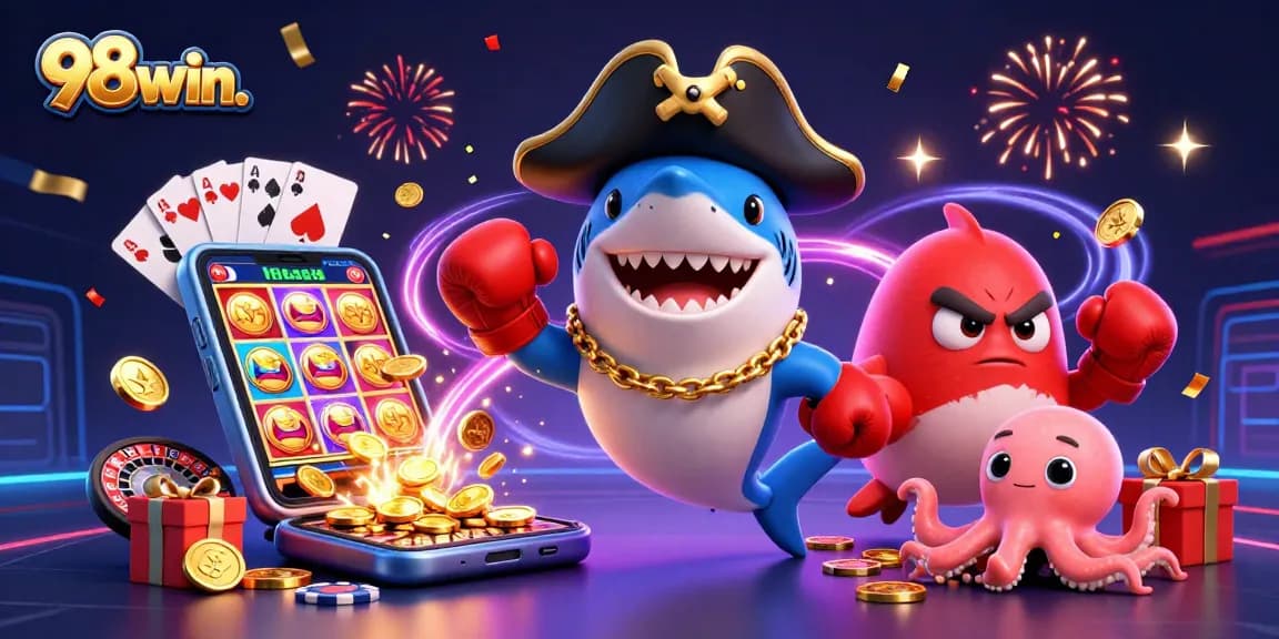 Experience vibrant casino action with 98win. featuring a shark, pufferfish, and octopus in a colorful scene.