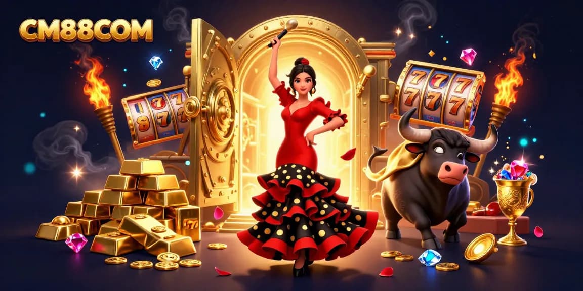 Spin the reels at CM88COM while enjoying a vibrant 3D casino-themed illustration.
