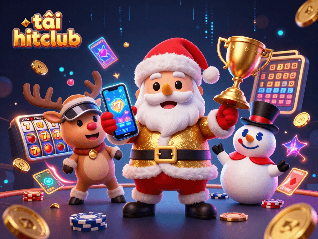 Play the thrilling slots with tải hitclub alongside a festive casino scene featuring Santa and friends.