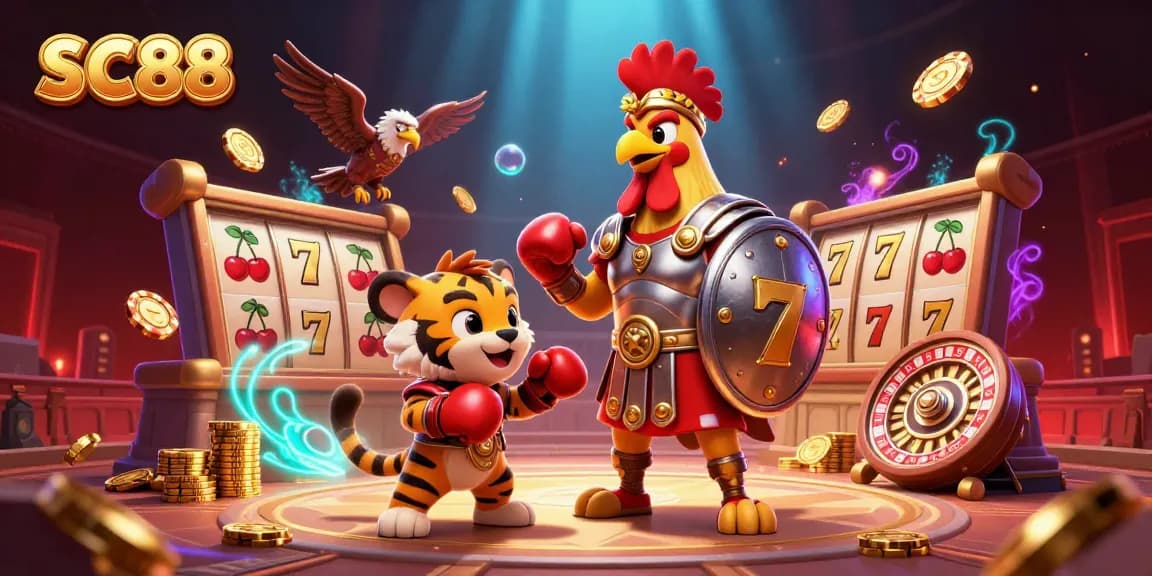 SC88 showcases thrilling casino action with a rooster warrior and dynamic gambling elements.