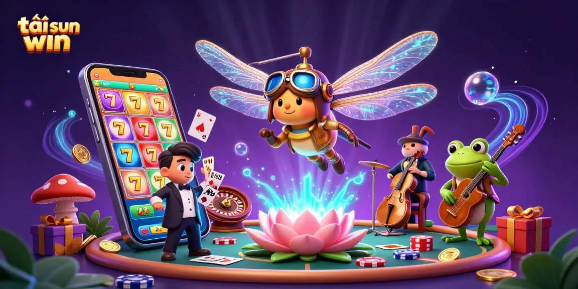 Tải sun win and experience thrilling gameplay at the lily pad casino featuring a dragonfly pilot and frog croupier.