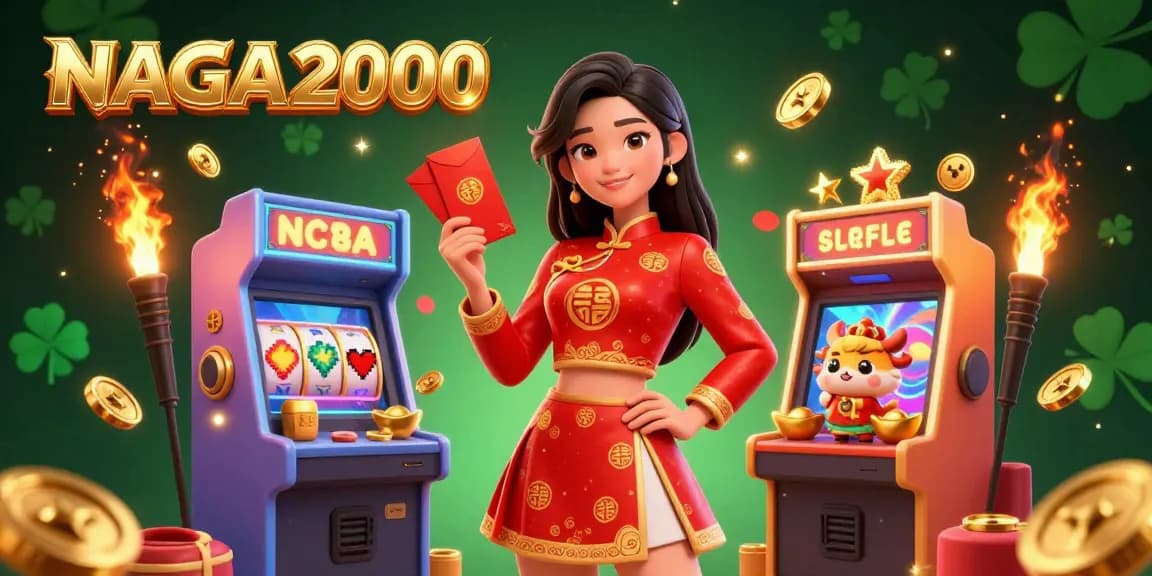 NAGA2000 menampilkan gulungan slot yang berwarna-warni dan elemen perayaan dalam ilustrasi kasino 3D yang dinamis.