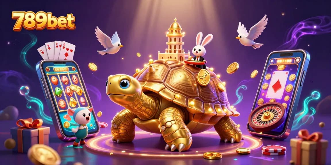 Join the excitement of 789bet with a vibrant 3D scene featuring a golden tortoise casino, a rabbit dealer, and flying coins.