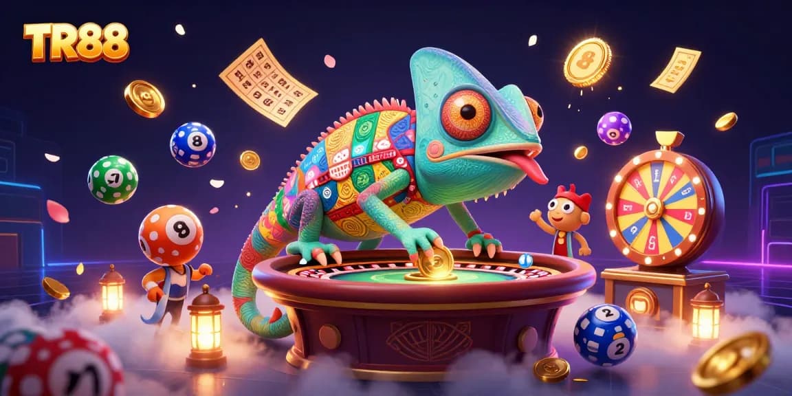 TR88 casino chameleon owner snaps up gold coins amidst vibrant gambling elements in an exciting scene.