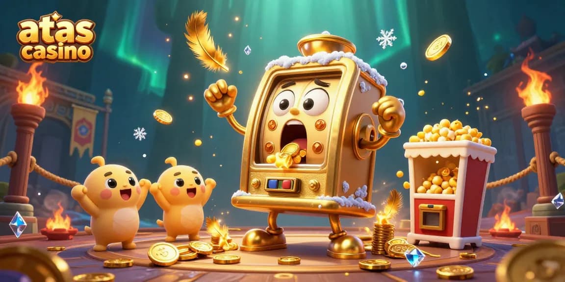 Engaging moment at atas casino as a golden slot machine wins big while coins overflow, surrounded by cheerful companions.
