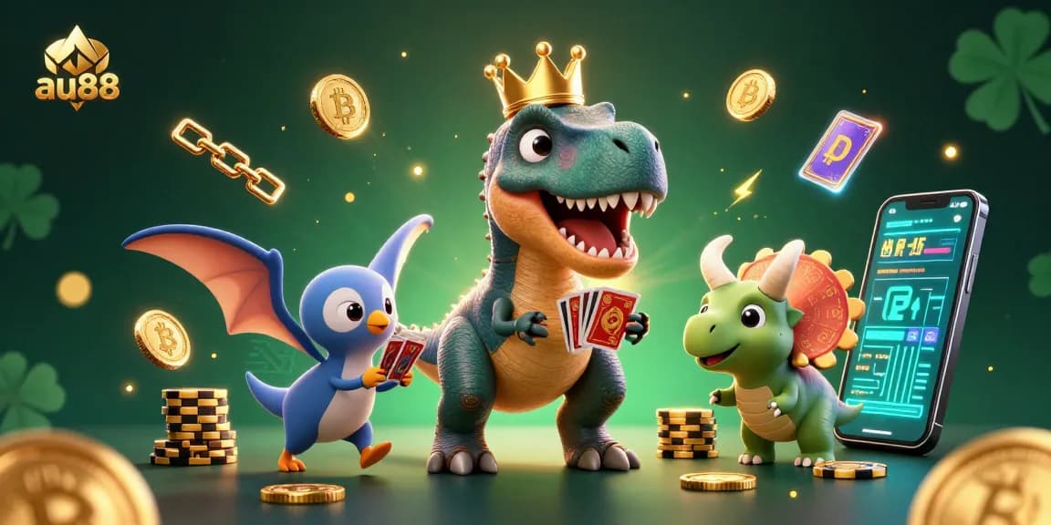 Experience the excitement at au88 with a playful T-Rex shuffling cards while a pterodactyl and triceratops enhance the casino atmosphere.