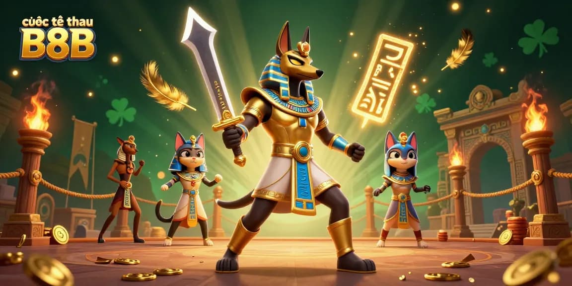 Betting action with cược thể thao B8B featuring a dynamic arena with Anubis and Bastet.