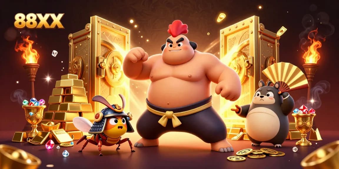 Engage with 88XX's vibrant gambling world featuring sumo rooster and samurai cricket under golden treasure
