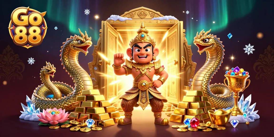 Go 88 showcases a vibrant casino scene with a temple guardian and treasures.