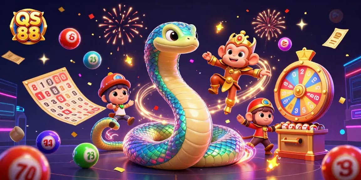 Engage in the exciting world of QS 88 with vibrant casino elements and animated characters.