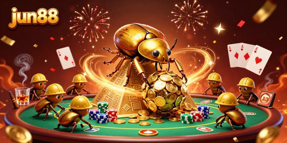 Experience the excitement of jun88 with a golden beetle rolling coins in a vibrant casino scene.