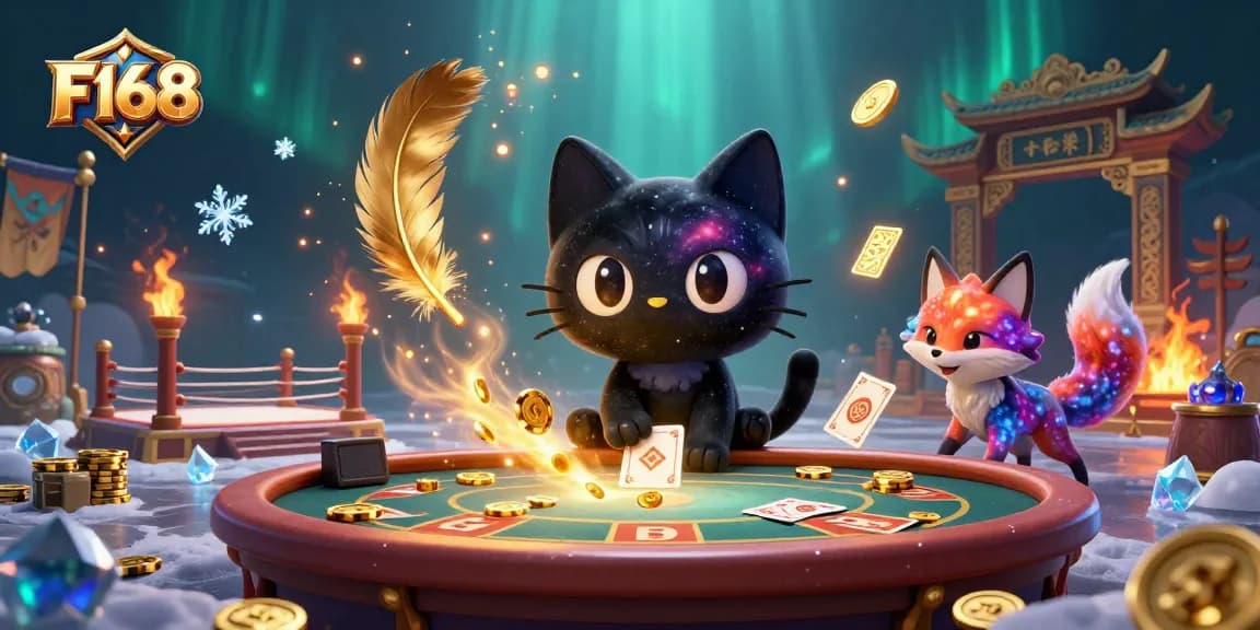 Experience F168's thrilling casino action with a cartoon cat and nebula fox amid vibrant game elements.