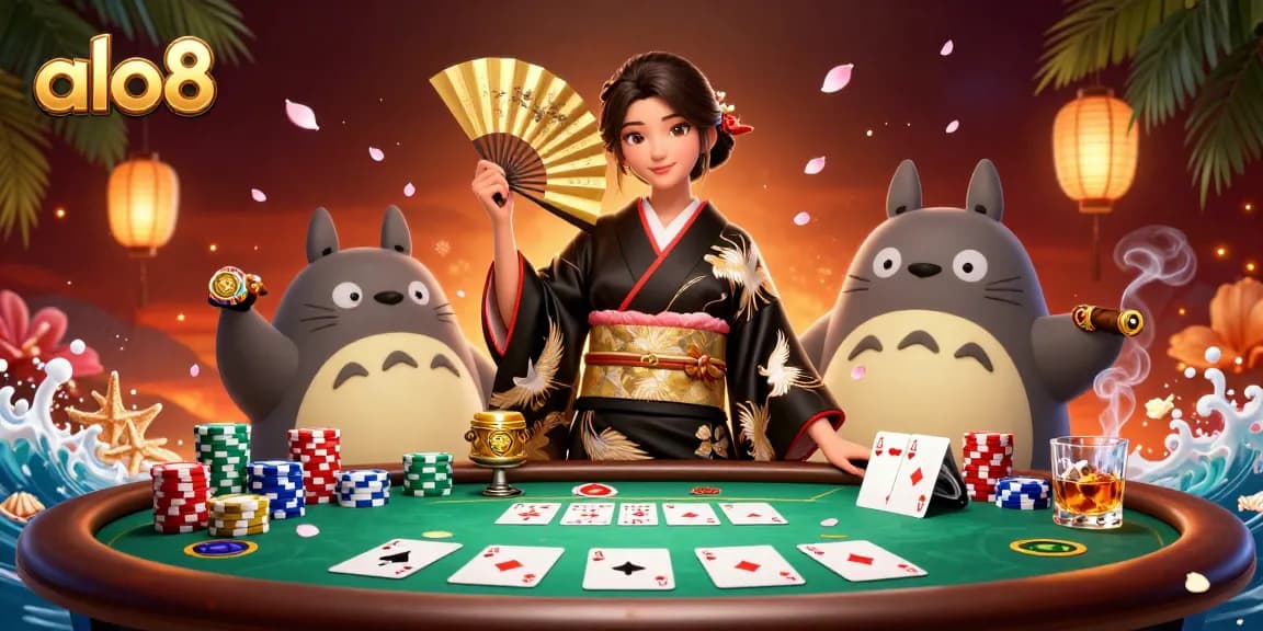 Experience engaging poker action with alo8's vibrant online casino scene featuring detailed characters and game elements.