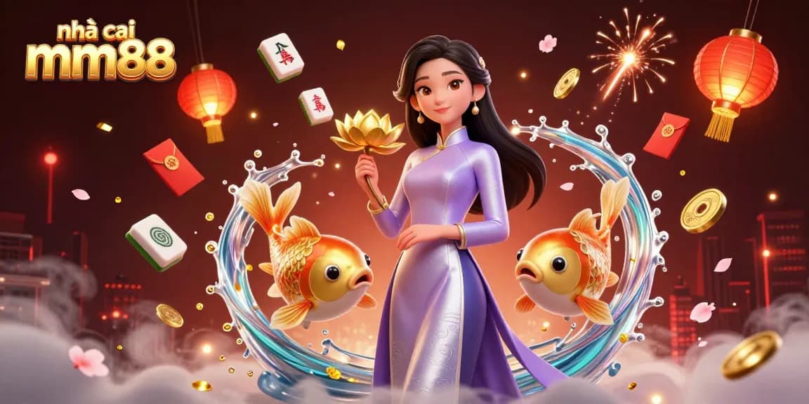 Engage with the vibrant world of nhà cái mm88 through this captivating casino illustration featuring an elegant woman and golden koi.