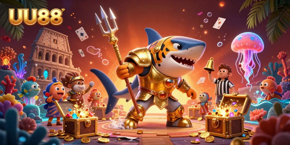 Experience thrilling underwater casino action with UU88 as cartoon shark gladiators dominate the scene.