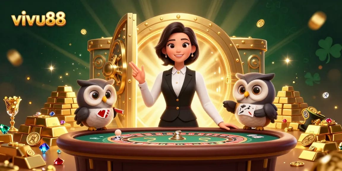 Experience thrilling gaming at vivu88 with a charming dealer scene featuring baccarat and roulette.