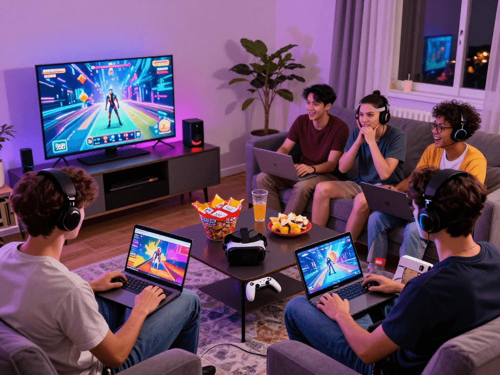 Players enjoying porno games on laptops and tablets in a lively gaming atmosphere