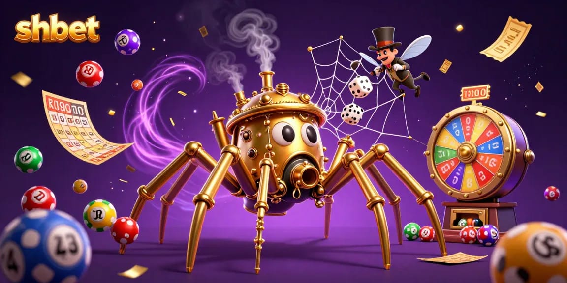 Engage in vibrant gameplay at shbet with a steampunk spider, dynamic lottery elements, and an amusing scene.