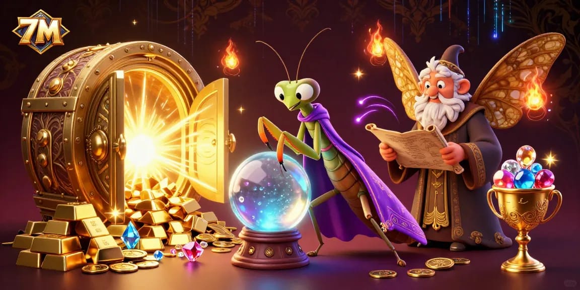 Spin the reels with 7M as the fortune teller reveals hidden treasures and riches in this vibrant casino scene.