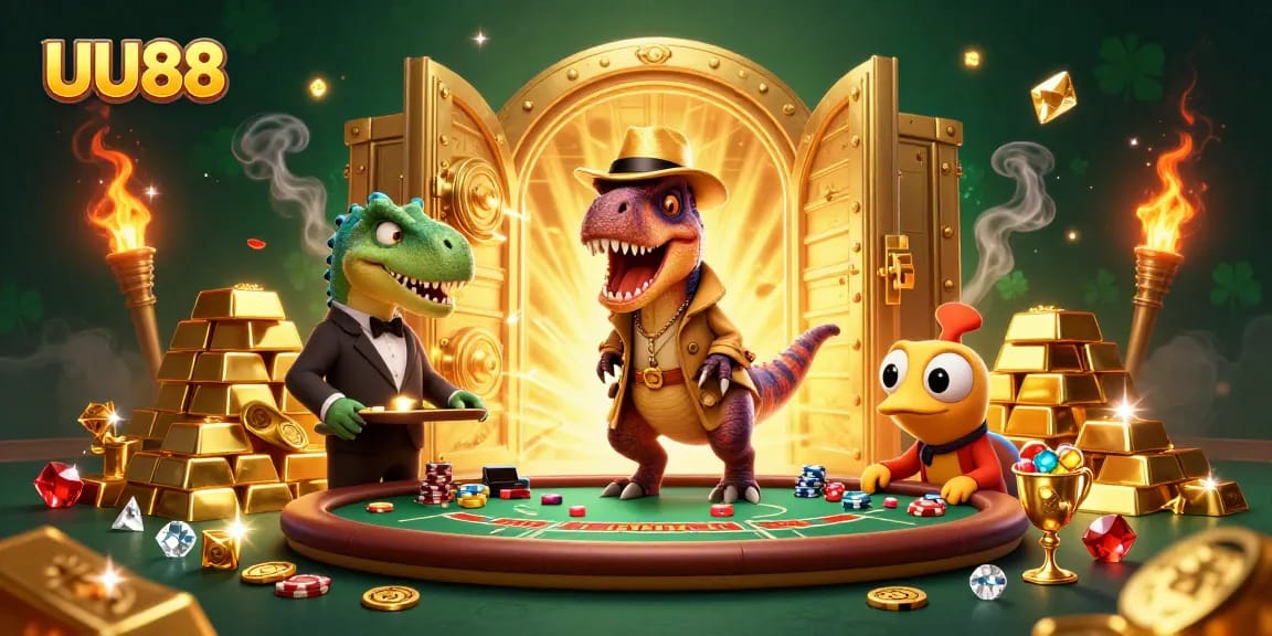 UU88 velociraptor card counter at blackjack table surrounded by gems and gold in a vibrant casino scene.