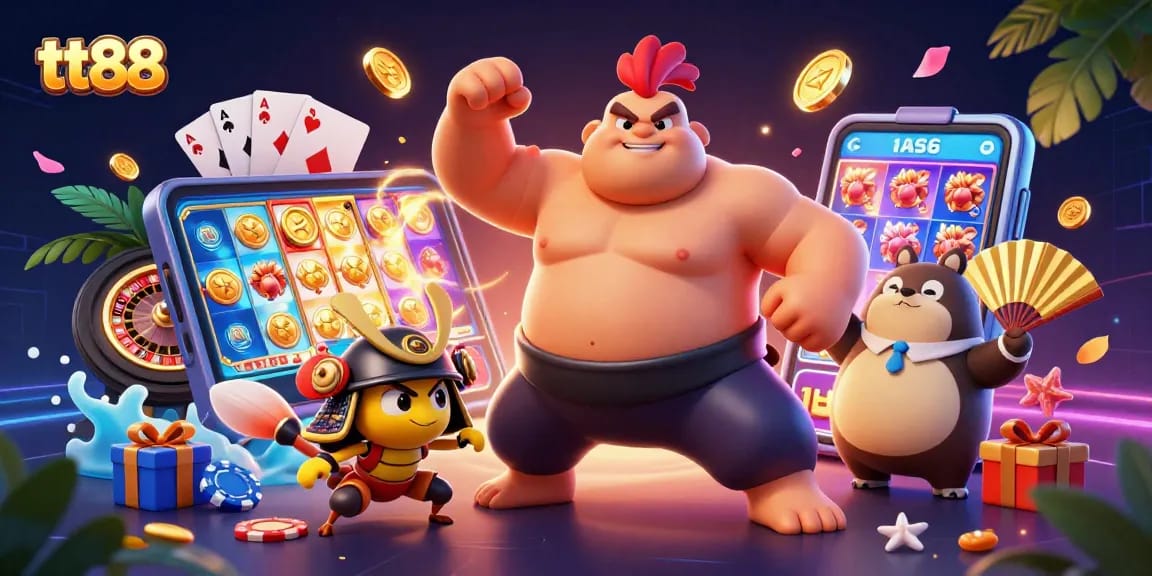 Win big with tt88 at this vibrant casino scene featuring joyful, dynamic characters and colorful gaming elements.