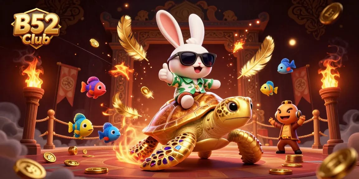 Bets soar at B52 Club, where a lucky rabbit and a golden turtle celebrate jackpots surrounded by vibrant casino elements.