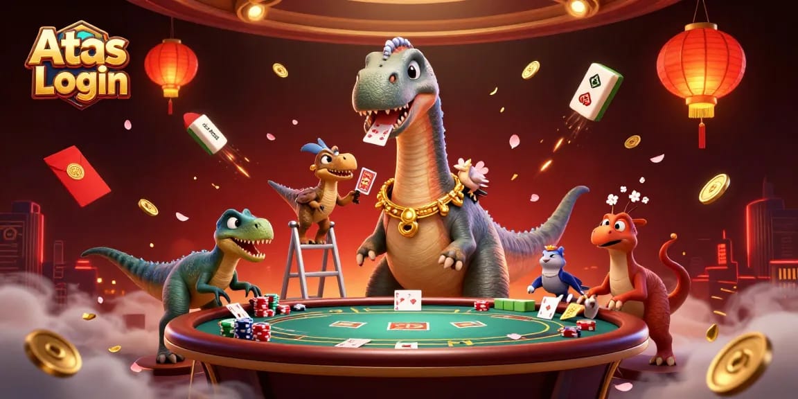 Experience secure Atas Login access with vibrant poker-themed illustration showcasing 3D characters.