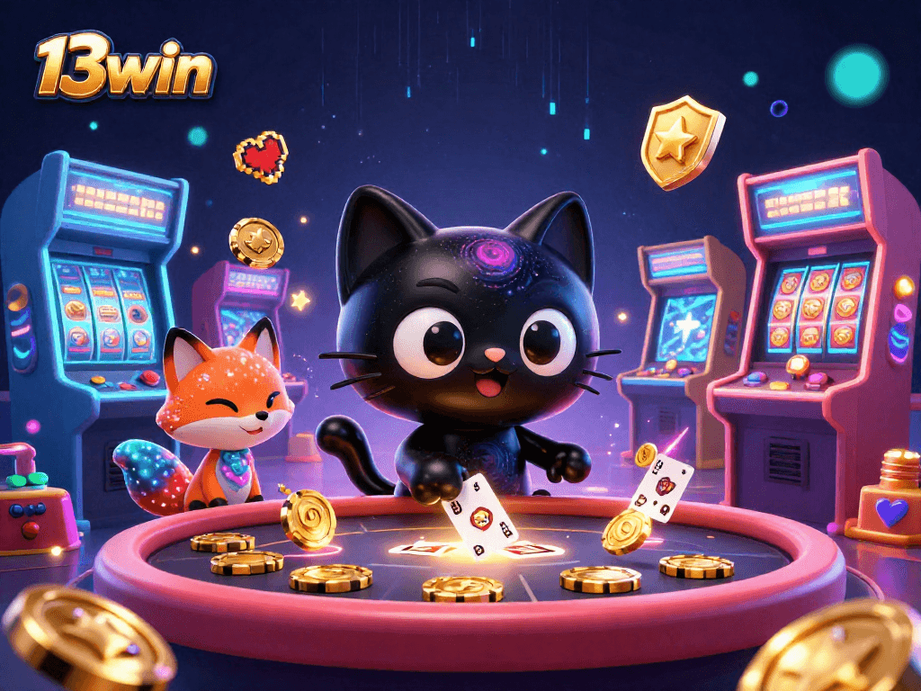 Engage in fun casino adventures with 13win as a black hole cat pulls in chips and cards.