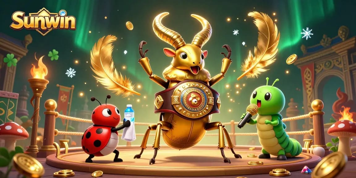 Engage with thrilling games at Sunwin through dynamic visuals of an epic battle featuring a golden stag beetle champion, captivating a casino atmosphere.