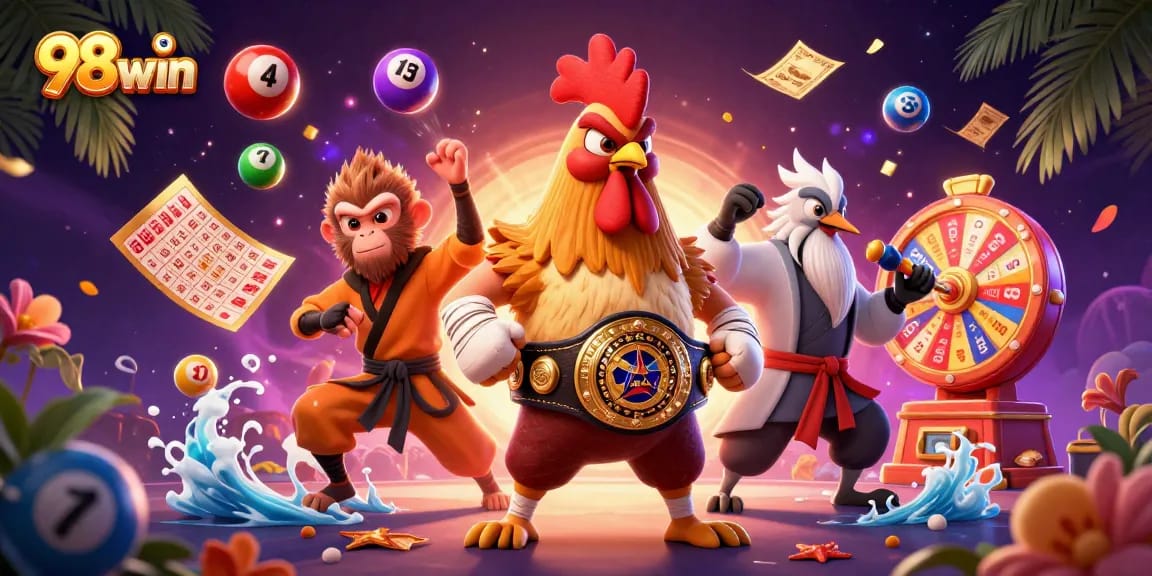 Experience the excitement of 98win with a dynamic 3D illustration featuring casino elements.