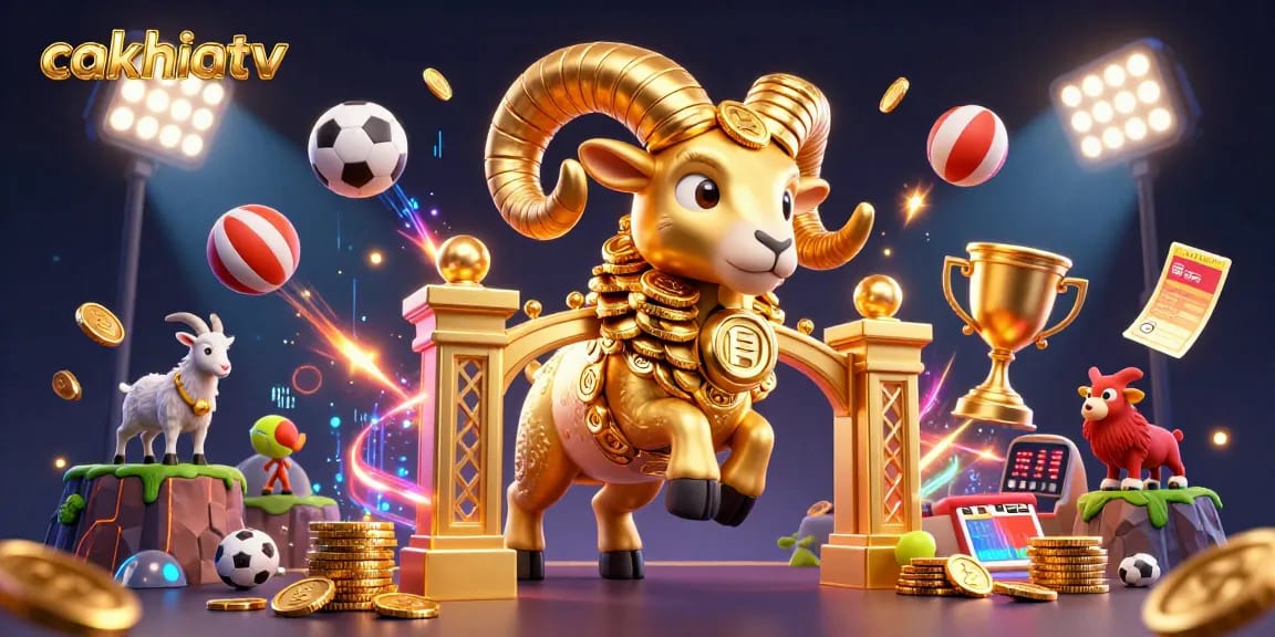 Cakhiatv showcases exciting soccer action with a cartoon golden ram charging toward a golden gate in a vibrant casino scene.