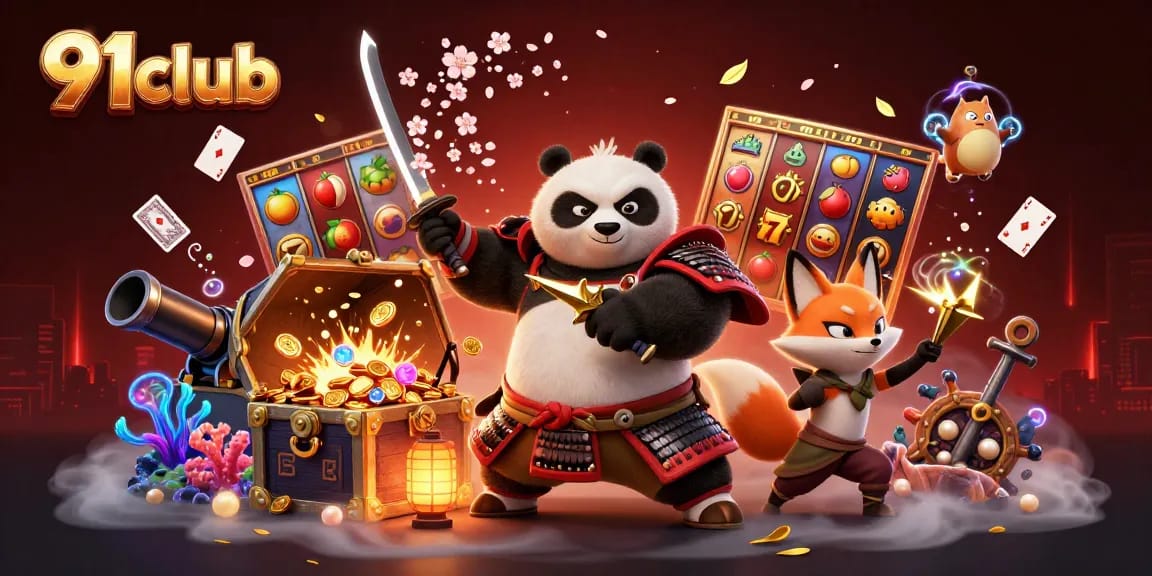 Engage with 91club's thrilling gaming experience through vibrant 3D art of samurai panda and ninja fox.