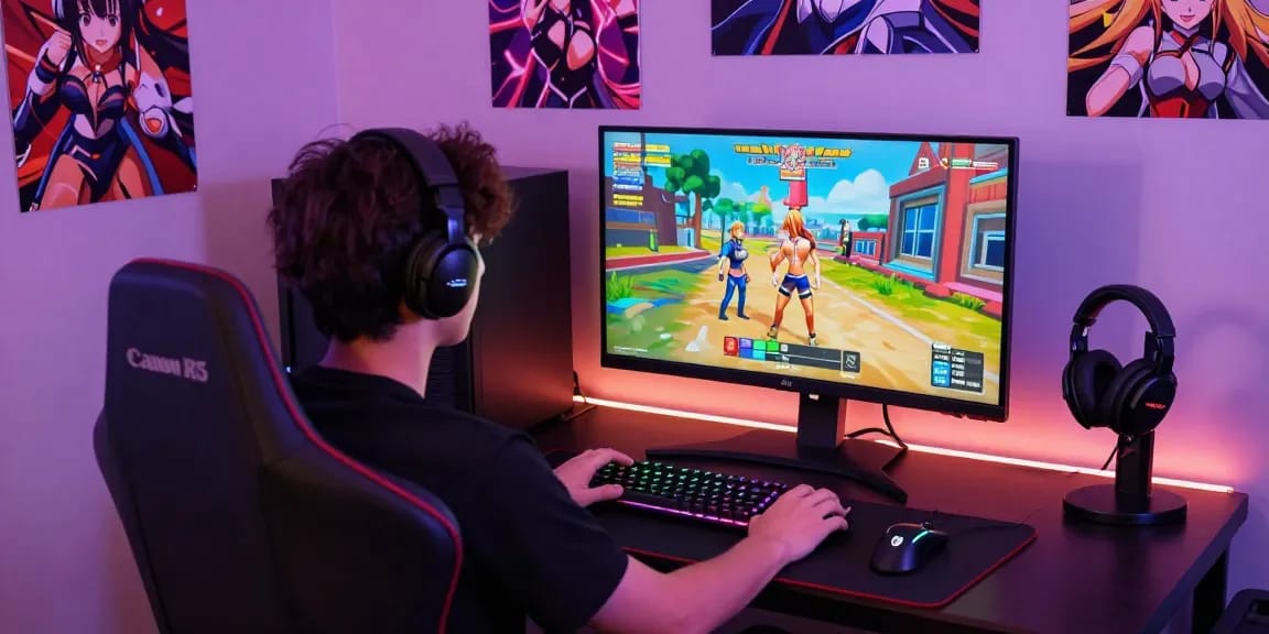 Player enjoying hentaigames in a modern gaming setup with colorful characters on screen and immersive accessories.