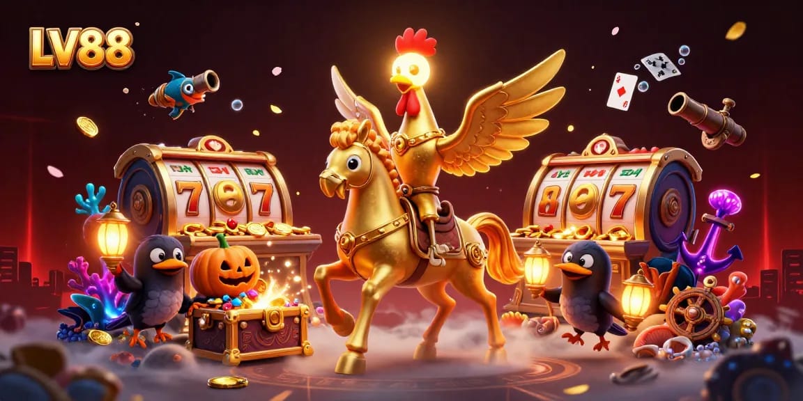Experience LV88 with an enchanting illustration of a golden rooster and casino elements, celebrating gaming excitement.