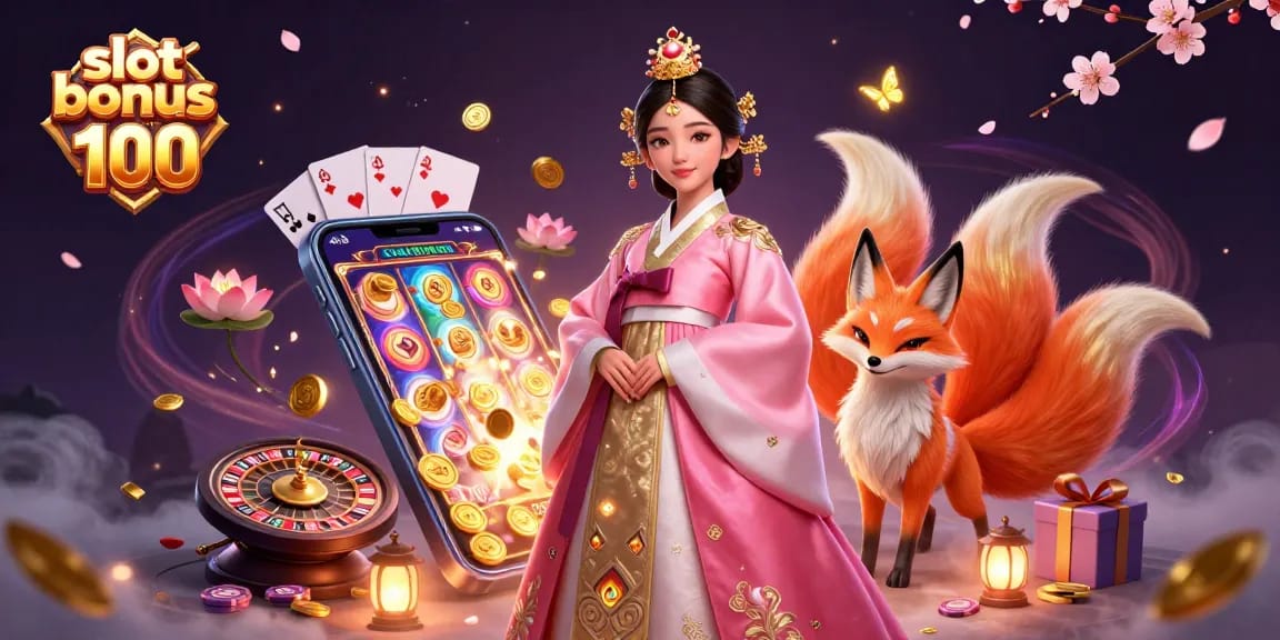 Play with slot bonus new member 100 in a vibrant 3D casino scene filled with exciting elements.