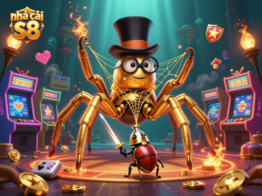 Engaging casino scene with nhà cái s8, featuring a golden tarantula and a brave beetle knight.