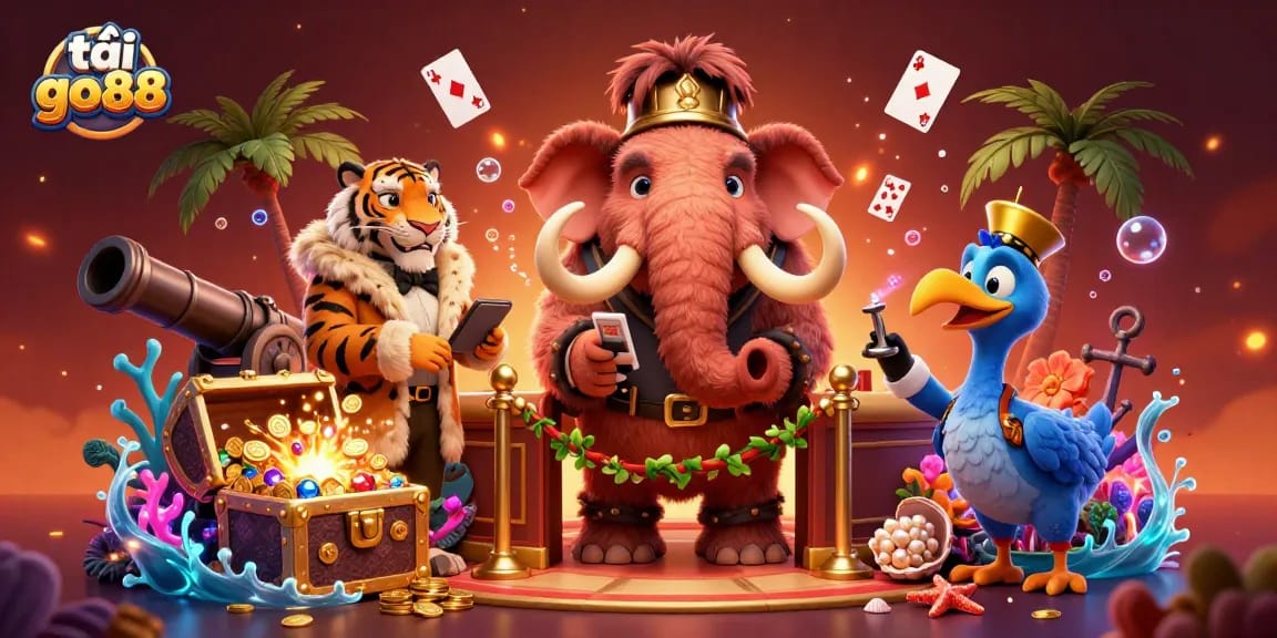 Immersive 3D scene for tải go88, showcasing a mammoth bouncer checking IDs amid vibrant casino elements.