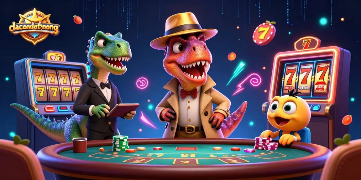 Experience thrilling gaming excitement with dacsandatphanrang at a blackjack table featuring a velociraptor and stegosaurus.