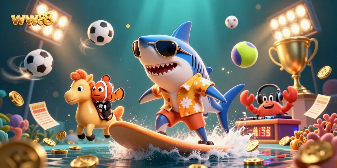 Experience the thrill of ww88 with this vibrant casino scene featuring engaging cartoon characters and dynamic sports elements.
